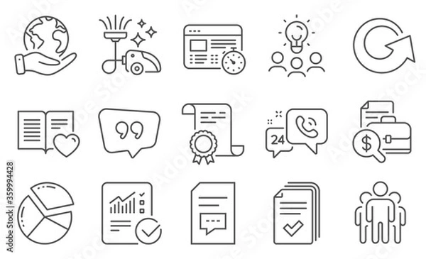 Fototapeta Set of Technology icons, such as Quote bubble, Checked calculation. Diploma, ideas, save planet. Love book, Comments, Reload. Pie chart, Group, 24h service. Vector