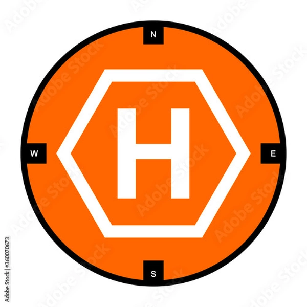Fototapeta Red drone take-off and landing pad with cardinal point markings, isolated on a white background. High-visibility helipad icon for remotely-operated multicopter aircraft, unmanned aerial vehicles.