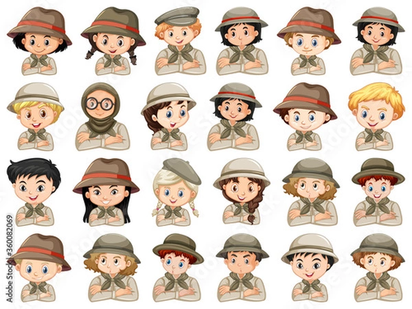 Fototapeta Set of different characters of boys and girls scout costume on a white background