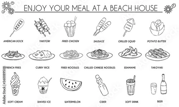 Obraz 海の家の食べ物線画セット