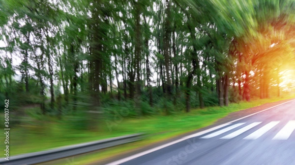 Obraz Blurred background with asphalt road, green forest and sunset on horizon