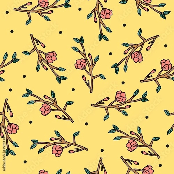 Fototapeta Vector seamless pattern with cute twigs and flowers. Delicate background for paper and textiles.