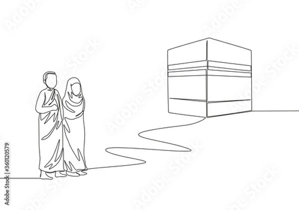 Fototapeta Single continuous line drawing of muslim and muslimah pilgrim walk to holy place Kaabah at Mecca, Saudi Arabia. Muslim holiday, Eid al Adha greeting card concept one line draw design illustration