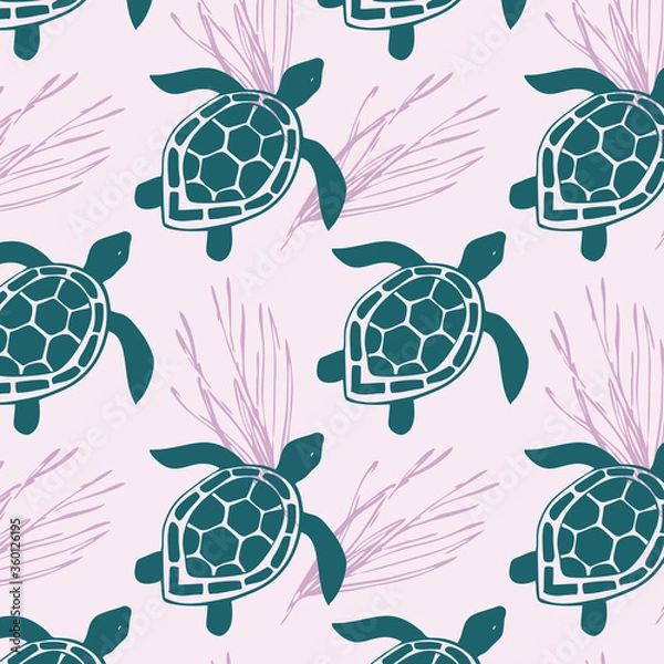 Fototapeta Seamless pattern with sea turtle and algae.