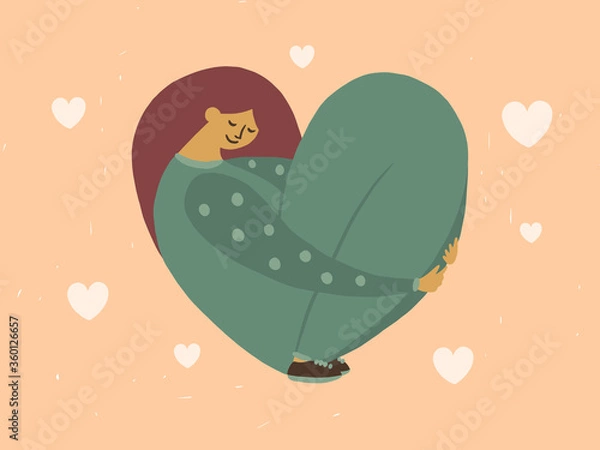 Obraz Self care, acceptance, body positive concept. Love yourself Illustration. Young woman hugs her knees. Cute girl with closed eyes sitting in heart shaped pose. Vector card for womens or valentines day