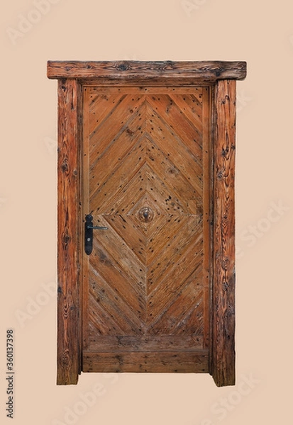 Fototapeta closed strong vintage real wood door isolated on clean background with clipping path