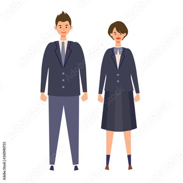 Fototapeta 制服を着た男女の学生のイラスト　高校生、中学生　揃いの制服を着た同じ学校の生徒達