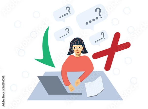 Fototapeta Smart young woman, student thinking, understands problem and finds successful solution, vector cartoon characters isolated. Young girl character solution and thinking illustration