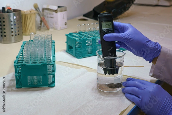 Fototapeta Digital water test in girl hand, water analysis technology.  Digital pH Meter Probe Analysis Tester Kit Water Aquarium Hydroponic Acidity Alkalinity of Liquids Drinking
