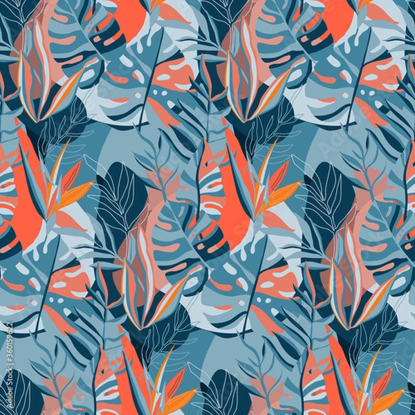 Fototapeta Vector trendy creative summer seamless patterns with floral exotic tropical elements, palm leaves
