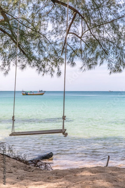 Obraz Swing on the beach, Sunset beach, Koh Rong Samloem island, Sihanoukville, Cambodia.