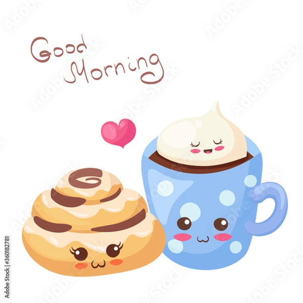 Fototapeta Kawaii vector illustration with happy funny food characters. Adorable sweet bun with topping & cocoa with marshmallow. Kids menu elements with lettering. Smiling cinnamon roll with cute hot drink.