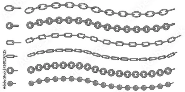Fototapeta Set of golden and silver chains. vector fittings, sequins, fringe, chain, rope brushes for illustrator , zipper