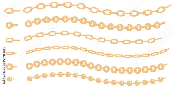 Fototapeta Set of golden and silver chains. vector fittings, sequins, fringe, chain, rope brushes for illustrator , zipper