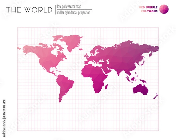 Fototapeta Abstract world map. Miller cylindrical projection of the world. Red-purple colored polygons. Trending vector illustration.