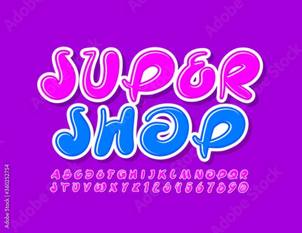 Fototapeta Vector bright emblem Super Shop with Violet creative Font. Artistic Alphabet Letters and Numbers