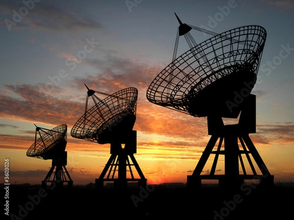 Obraz Three satelite dishes over sunset