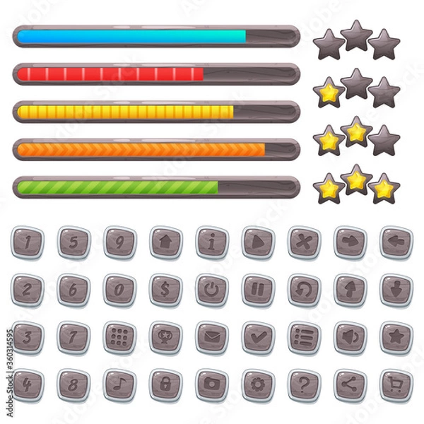 Obraz Cartoon stone game assets, simple kit for game ui development, vector gui elements. Set of different elements for game: colorful progress bars, menu buttons and icons, stars, levels.