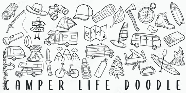 Fototapeta Camper Lifestyle Doodle Line Art Illustration. Hand Drawn Vector Clip Art. Banner Set Logos.