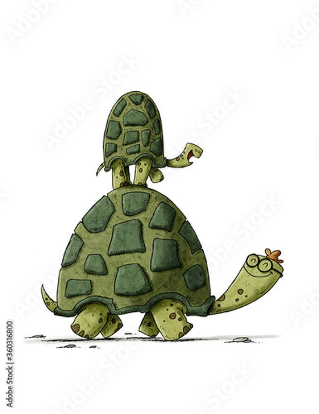 Obraz Small turtle is on top of an adult turtle as they walk. Single parent family concept. isolated