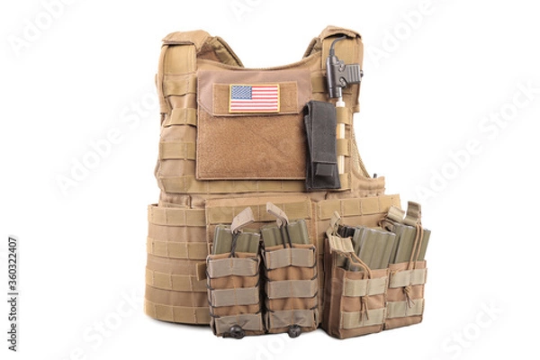 Obraz Isolated photo of a military armor olive colored tactical vest molle system with pouches, white background.