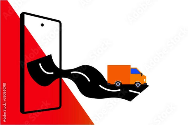 Obraz Cargo delivery car and mobile phone concept: Customers call with telephone, cargo delivery company delivers the package.