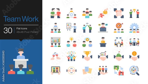 Obraz Team work icons. Business success concept of teamwork partnership. Flat design.