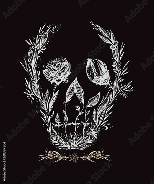Obraz Vector illustration of skull formed by flowers and branches and leaves.
