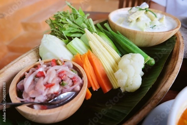 Obraz Boiled vegetables and Thai style chili paste