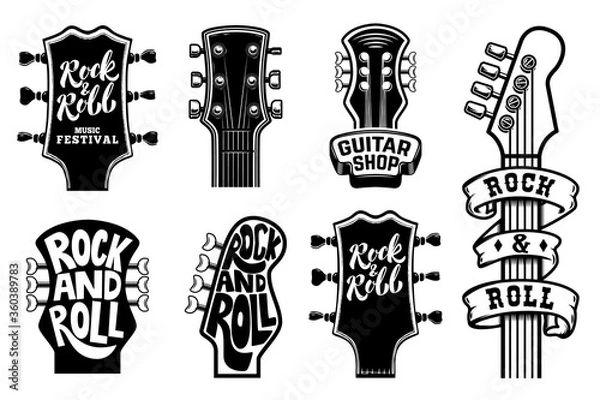 Obraz Set of rock and roll guitars necks heads with lettering. Design element for logo, emblem, card,banner, t-shirt. Vector illustration