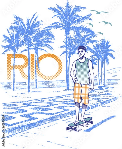 Obraz Vector illustration of skateboarder on the edge of the city of Rio de Janeiro.