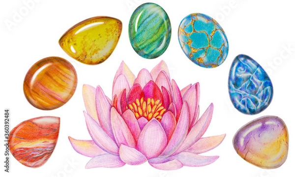 Fototapeta Rainbow Chakra Lotus Stone Set for Meditation. Hand drawn illustration of Chakra Healing Crystals with pink lotus flower.