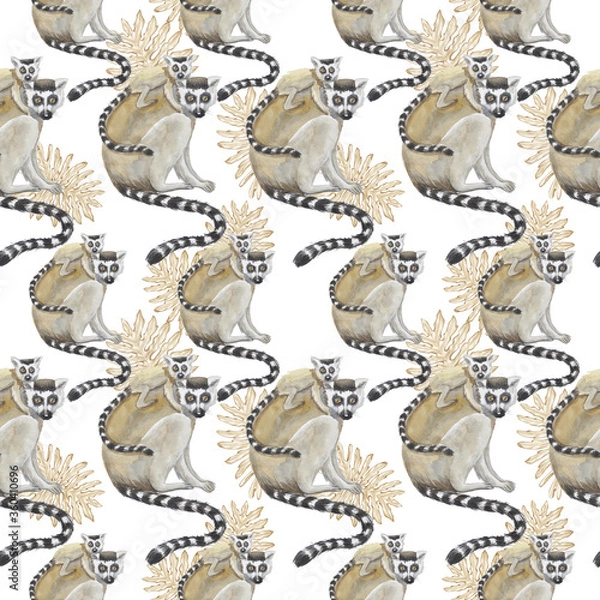 Fototapeta lemur with cub pattern watercolor silhouette tropical animals isolate object white background primacy