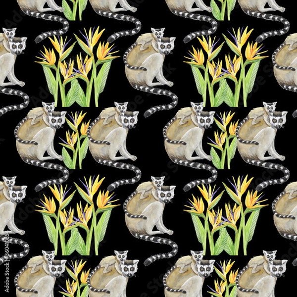 Obraz lemur with cub pattern watercolor silhouette tropical animals isolate object black background primacy