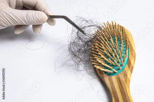 Fototapeta Hair loss experts wear gloves using forceps pick up hair from brush for examination. On a white background with copy space.