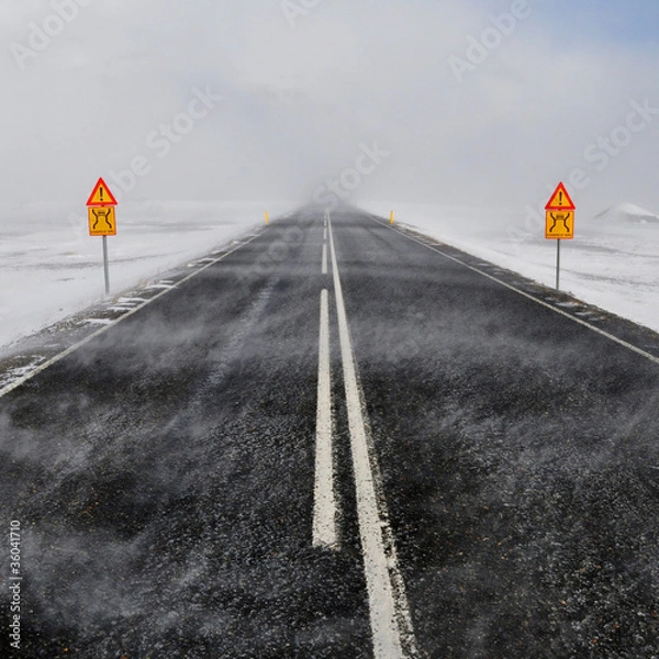 Obraz Road in a snow blizzard, Iceland