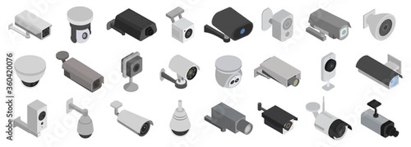 Fototapeta Security cameras isolated isometric set icon. Vector illustration cctv on white background. Vector isometric set icon security cameras.