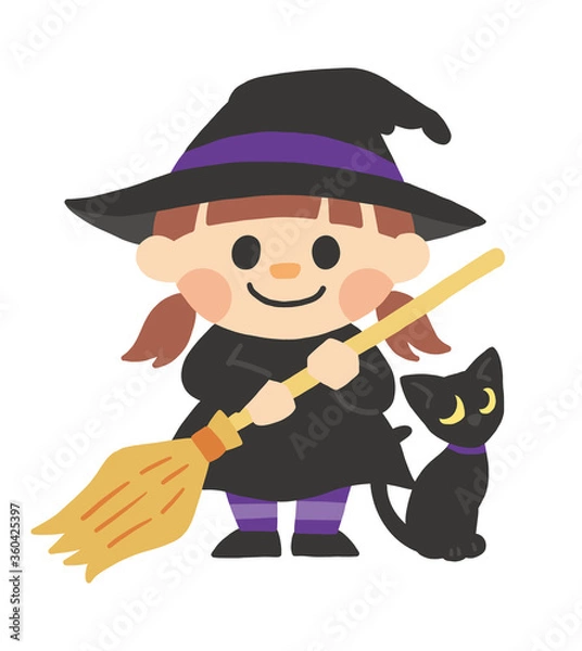 Fototapeta ハロウィン 魔女 黒猫 仮装 手描き ベクター イラスト