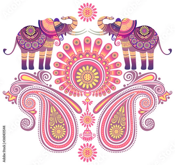 Fototapeta Indian elephants and paisley. Decorative element. Design element. Vector graphics