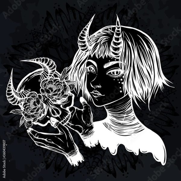Fototapeta Vector illustration. Demon. Girl with horns. Skull in her hands. Magic. Handmade, background chalkboard, prints on T-shirts