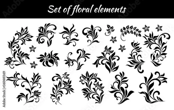 Fototapeta Set of abstract floral elements isolated on white background. Can be used to decorate design or as a tattoo.