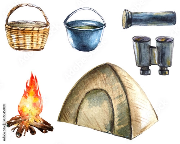 Fototapeta Hand drawn watercolor rural summer camping isolated objects