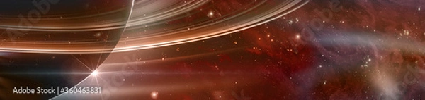 Fototapeta Planet saturn with rings at sunrise on the space background, panoramic view. Elements of this image furnished by NASA.