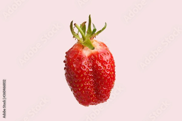 Fototapeta isolated close up detailed side view shot of a delicious vibrant red strawberry on a pink background