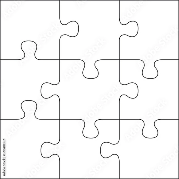 Fototapeta Puzzles grid template. Jigsaw puzzle 9 pieces, thinking game and 3x3 jigsaws detail frame design. Business assemble metaphor or puzzles game challenge vector illustration