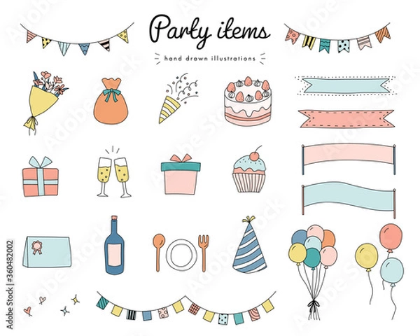 Fototapeta パーティーグッズの手書きのイラストのセット／誕生日／記念日／イベント