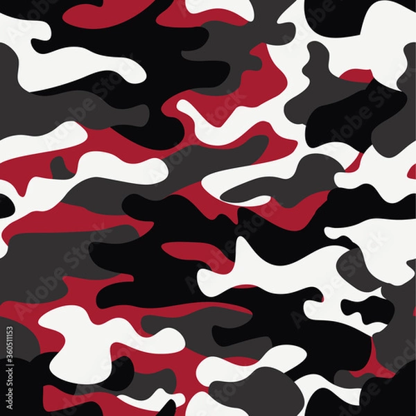 Fototapeta Seamless camouflage pattern background. Classic clothing style masking camo repeat print. Red, white, brown black colors forest texture. Design element. Vector illustration