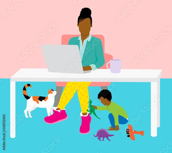 Fototapeta Work from Home Mom Concept - black woman working from home office mother professional for video call with distracting home life below - quarantine 2020