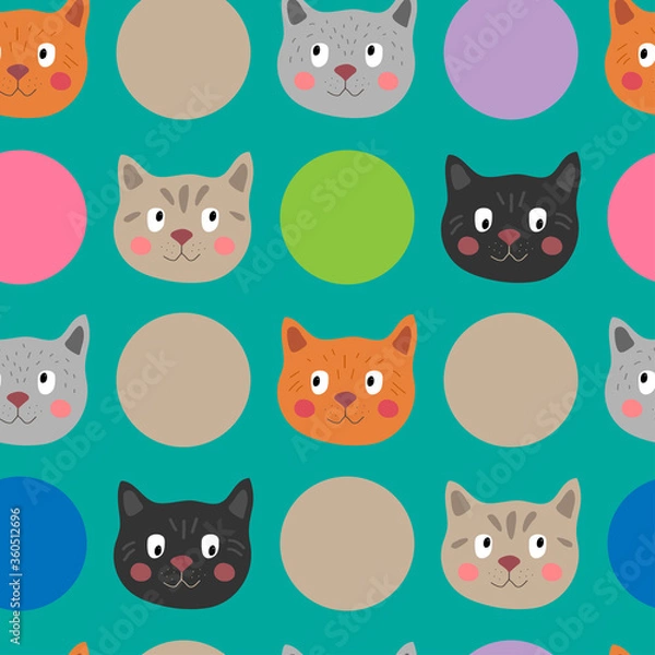 Fototapeta Seamless vector pattern with cat faces on a green background. Cute cats for children.
