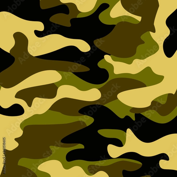 Fototapeta Camouflage pattern background. Classic clothing style masking camo repeat print. Green brown black olive colors forest texture. Design element. Vector illustration.